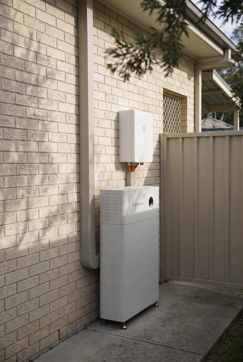 A battery added beside an existing inverter on a brick home