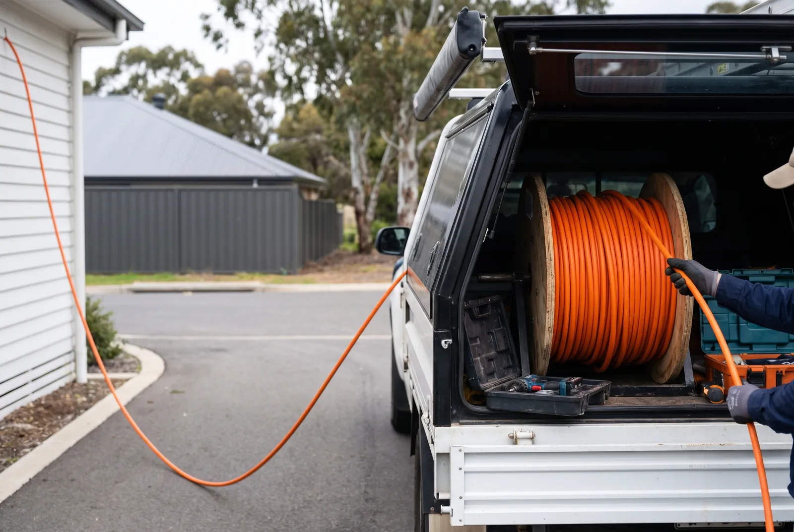 An electrician pulling cable from a reel on the back of a ute